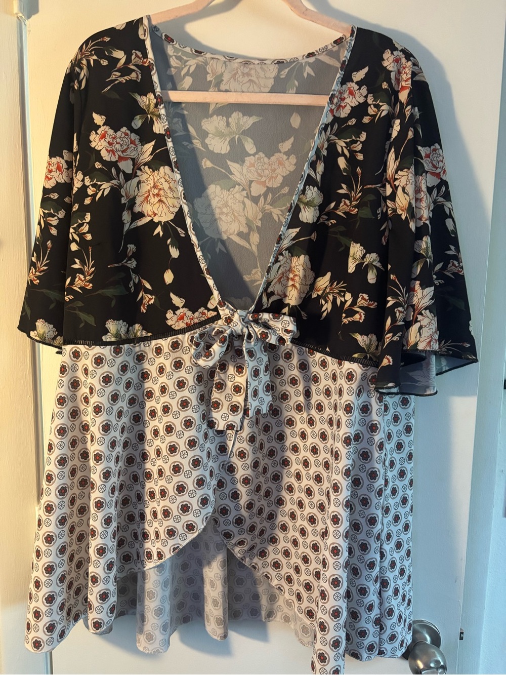 Floral Mixed-Print Tie-Front Blouse